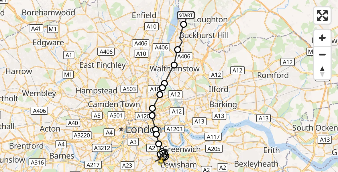 Flight route Police Helicopter Sewardstonebury - New Cross, 08 October 2026, 15:42