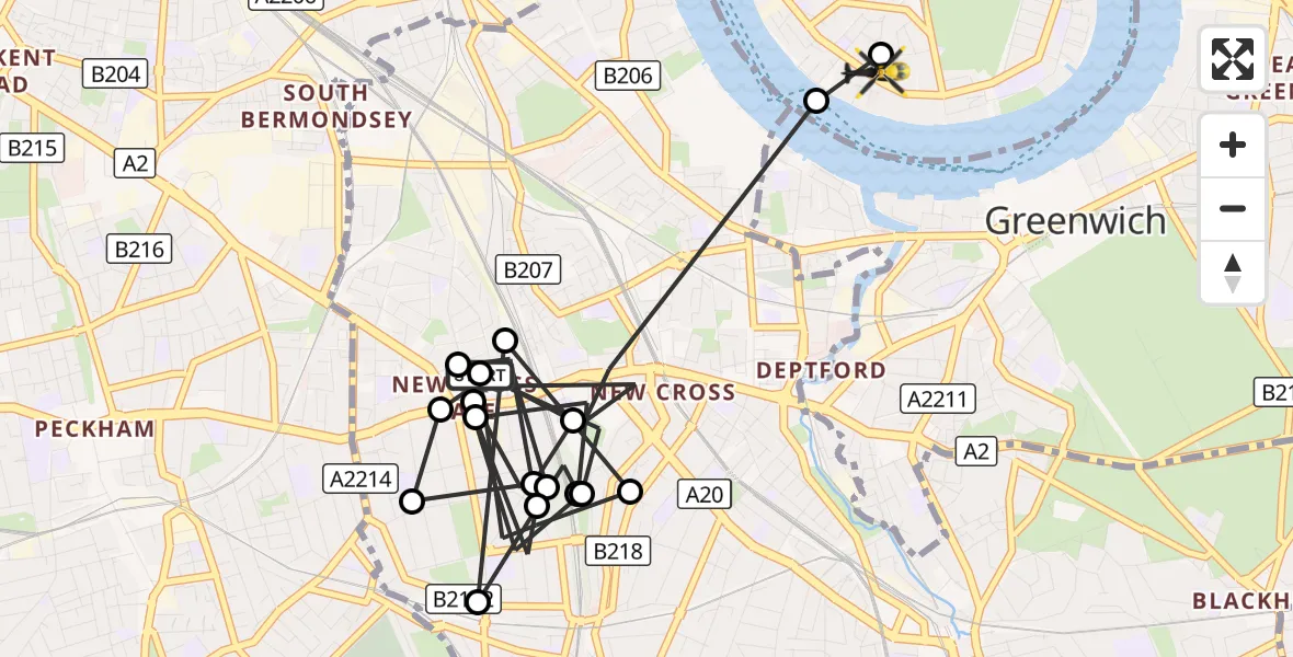 Flight route Police Helicopter New Cross Gate - Royal Borough of Greenwich, 08 October 2026, 15:58