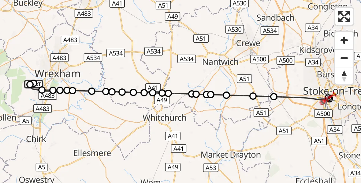 Flight route Air Ambulance Helicopter New Brighton - University Hospital North Staffs, 08 October 2026, 16:10