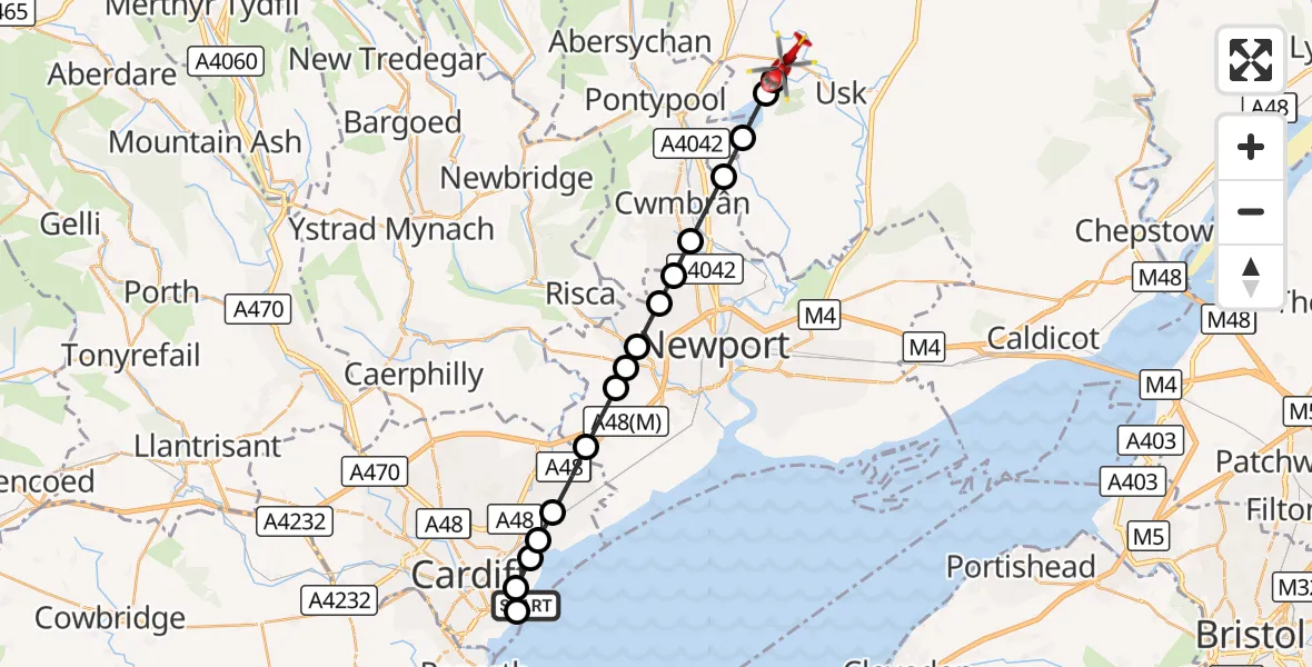 Flight route Air Ambulance Helicopter Cardiff Heliport - Monkswood, 08 October 2026, 16:14