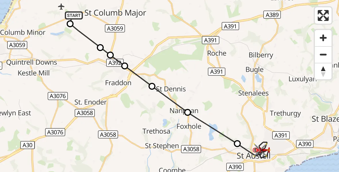 Flight route Air Ambulance Helicopter Cornwall Airport Newquay - St. Austell, 08 October 2026, 16:15