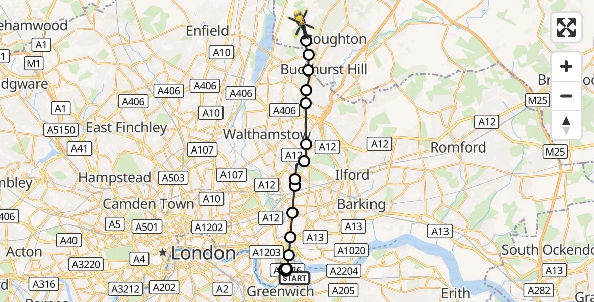 Flight route Police Helicopter East Greenwich - Sewardstonebury, 08 October 2026, 16:18