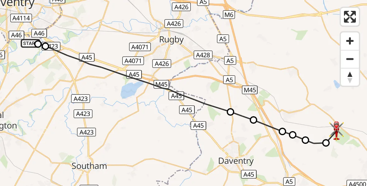 Flight route Air Ambulance Helicopter Coventry Airport - Althorp, 08 October 2026, 16:21
