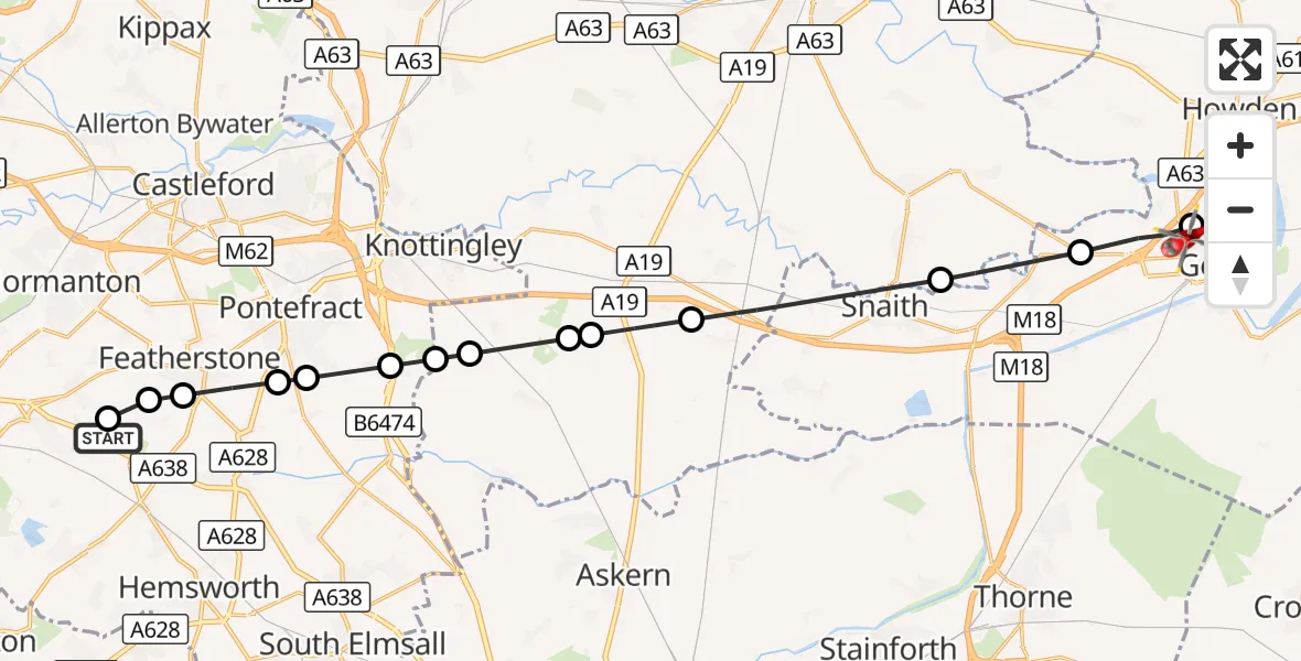 Flight route Air Ambulance Helicopter YAA Nostell Helicopter Port - Goole, 08 October 2026, 16:23