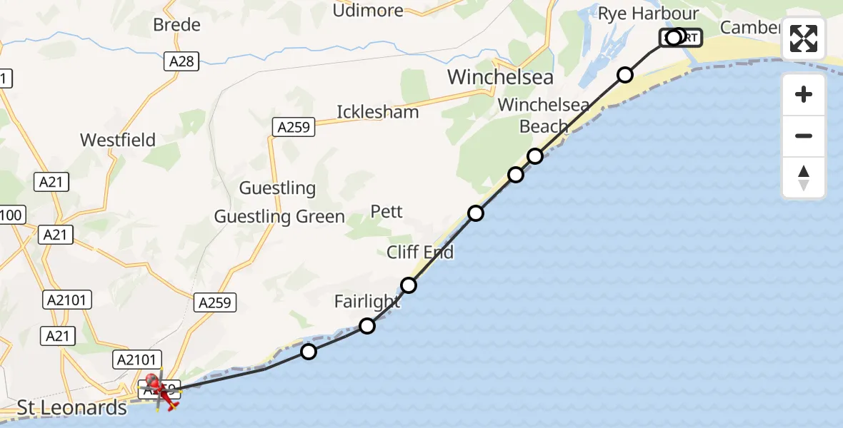 Flight route Air Ambulance Helicopter Icklesham - St Leonards, 08 October 2026, 16:24