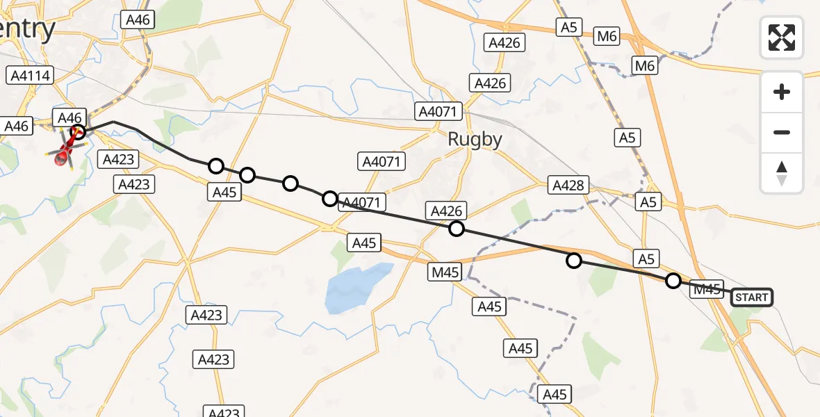 Flight route Air Ambulance Helicopter Watford - Warwick, 08 October 2026, 16:31