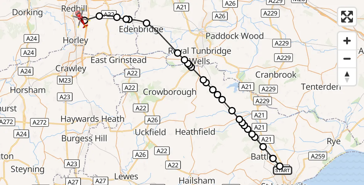 Flight route Air Ambulance Helicopter St Leonards - Redhill Aerodrome, 08 October 2026, 16:32