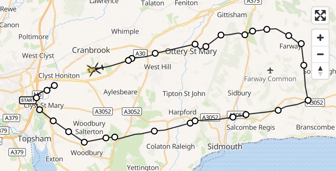 Flight route Police Helicopter Exeter - Rockbeare, 08 October 2026, 16:35