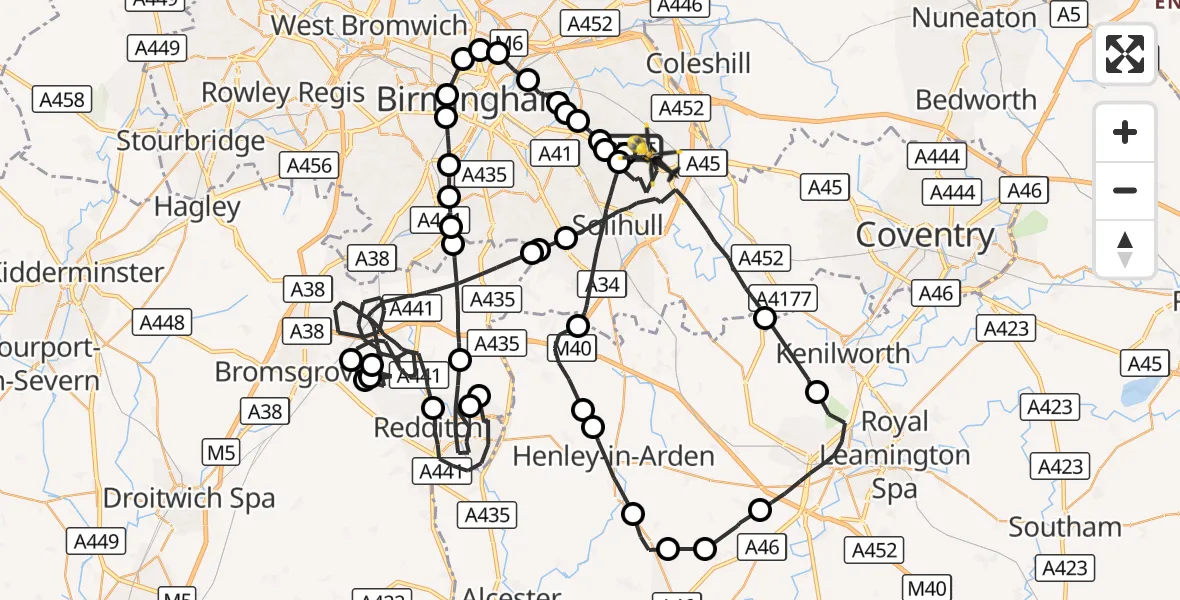 Flight route Police Helicopter Sheldon - Birmingham Airport, 08 October 2026, 16:35