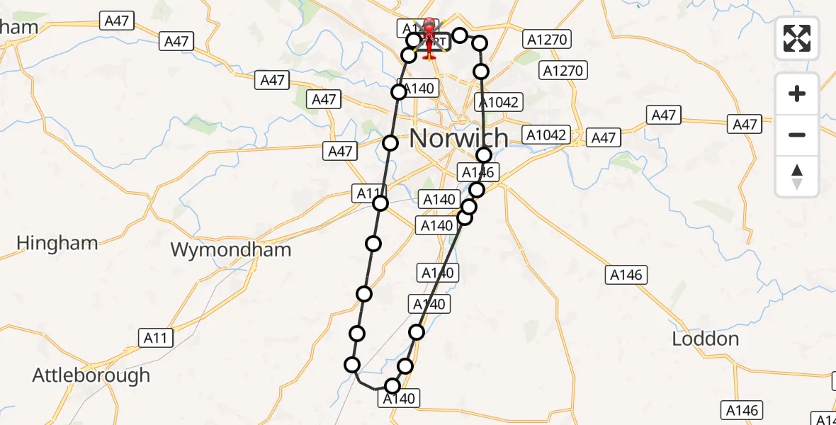 Flight route Air Ambulance Helicopter Norwich Airport - Norwich Airport, 08 October 2026, 16:39