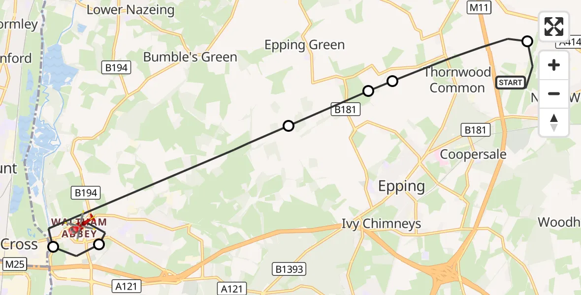 Flight route Air Ambulance Helicopter North Weald Airfield - Epping Forest, 08 October 2026, 16:43