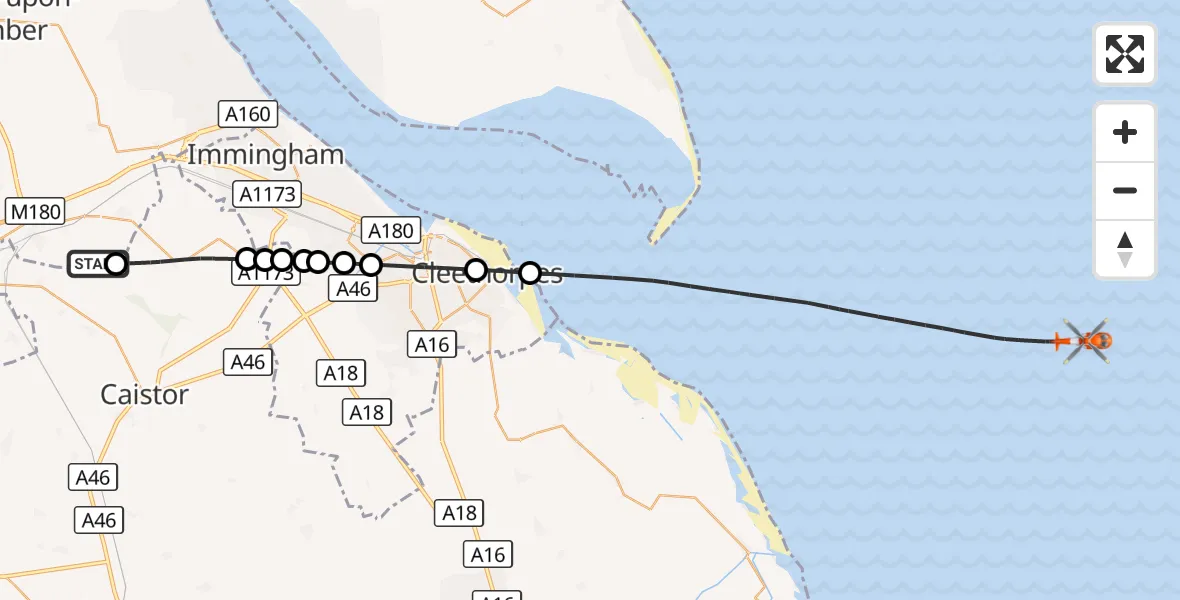 Flight route Coastguard Helicopter Humberside Airport - North Sea, 08 October 2026, 16:52