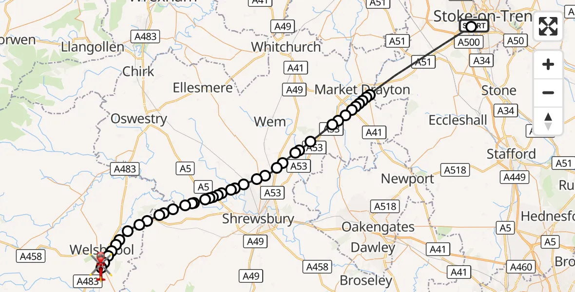 Flight route Air Ambulance Helicopter University Hospital North Staffs - Welshpool Airport, 08 October 2026, 16:58