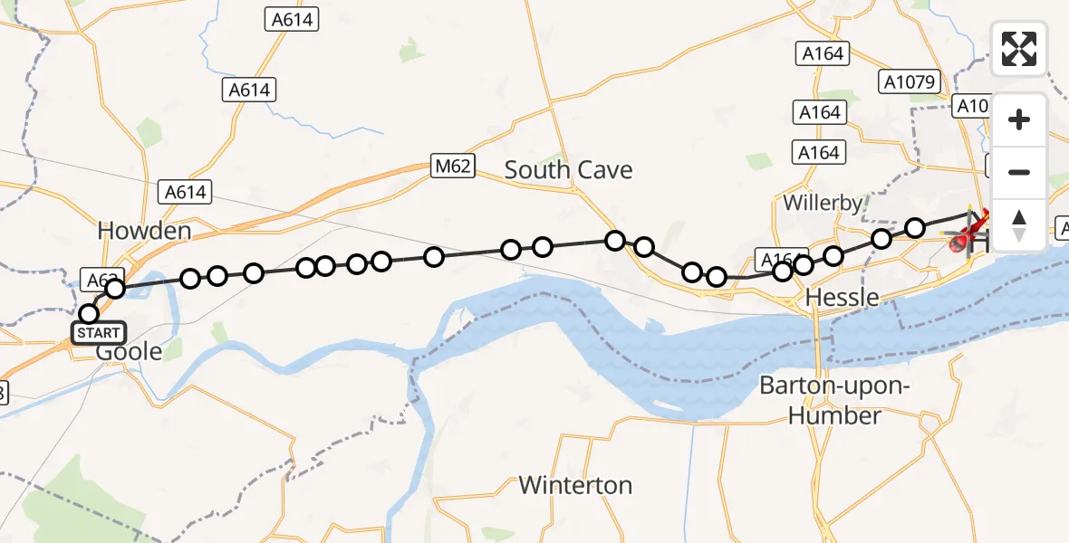 Flight route Air Ambulance Helicopter Goole - Hull, 08 October 2026, 17:14