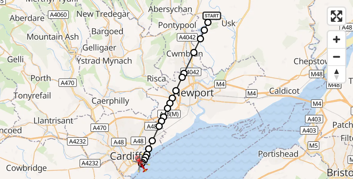 Flight route Air Ambulance Helicopter Monkswood - Cardiff Heliport, 08 October 2026, 17:14