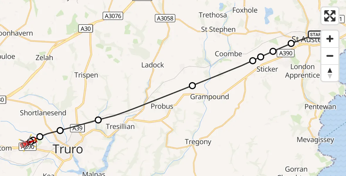 Flight route Air Ambulance Helicopter St. Austell - Treliske Hospital, 08 October 2026, 17:18