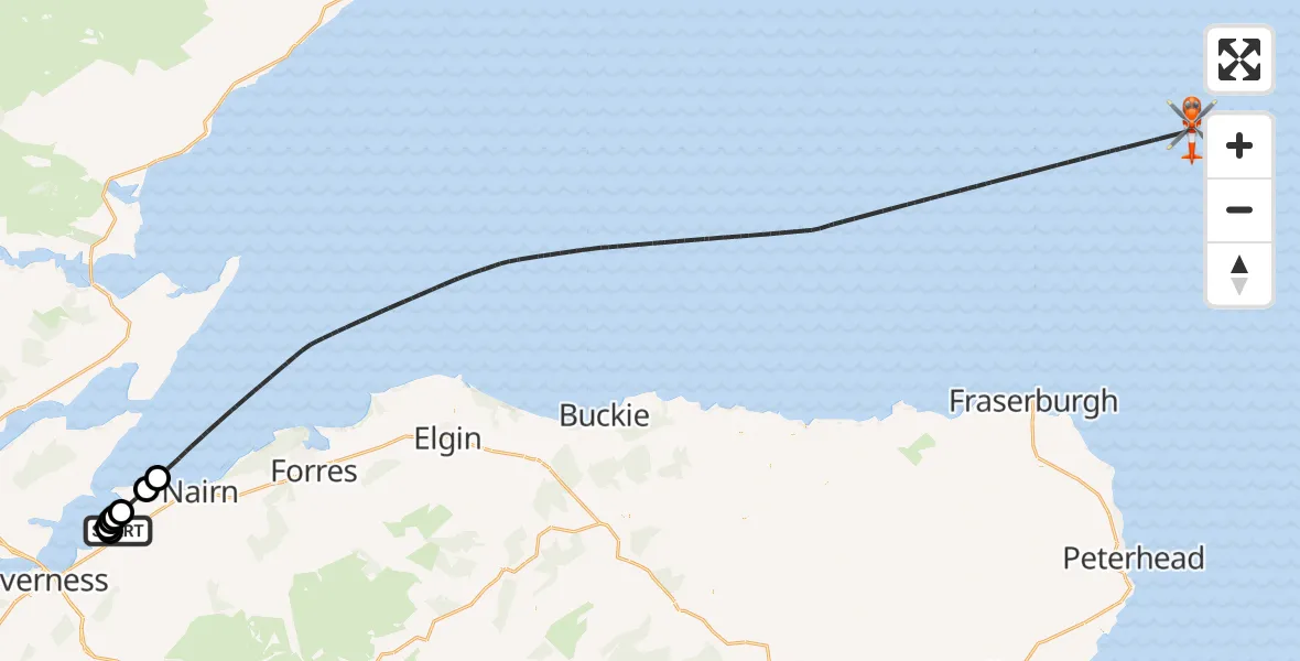 Flight route Coastguard Helicopter Inverness Airport - North Sea, 08 October 2026, 17:27