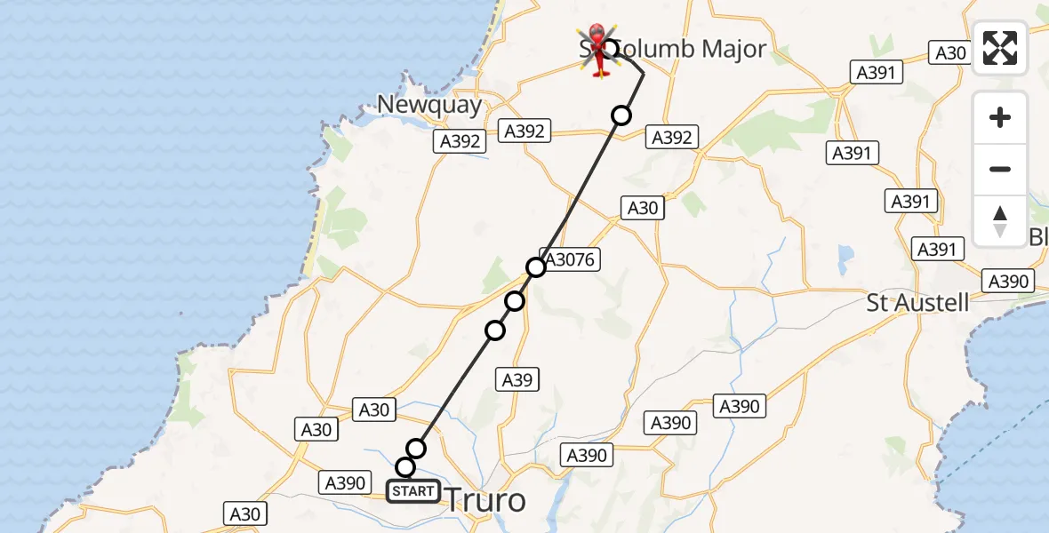 Flight route Air Ambulance Helicopter Treliske Hospital - Cornwall Airport Newquay, 08 October 2026, 17:59
