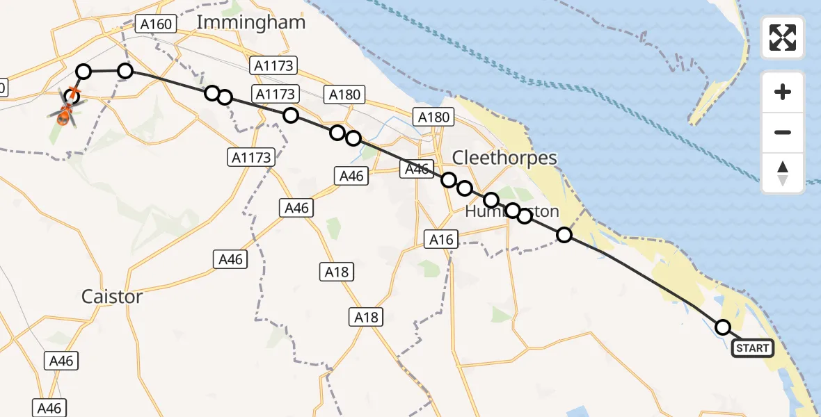 Flight route Coastguard Helicopter North Somercotes - Humberside Airport, 08 October 2026, 18:01