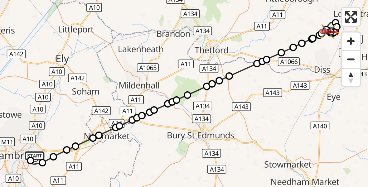 Flight route Air Ambulance Helicopter Cambridge City Airport - Priory Farm Airstrip, 08 October 2026, 18:07