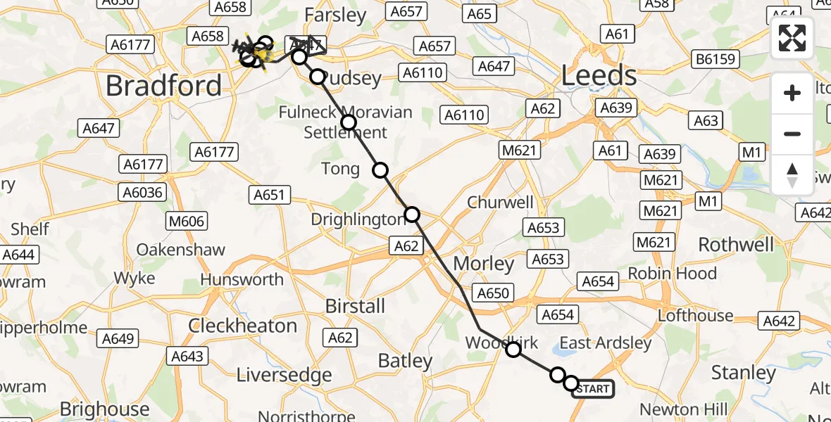Flight route Police Helicopter East Ardsley - Bradford Moor, 08 October 2026, 18:08