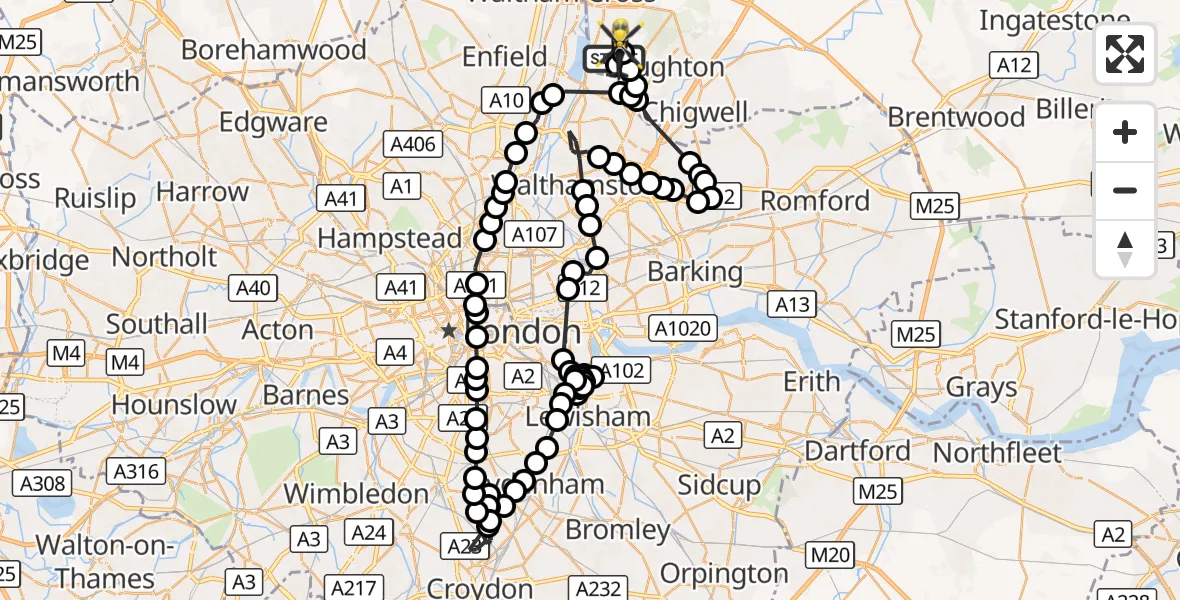 Flight route Police Helicopter Metropolitan Police Air Support Unit Lippitts Hill - Metropolitan Police Air Support Unit Lippitts Hill, 08 October 2026, 18:15