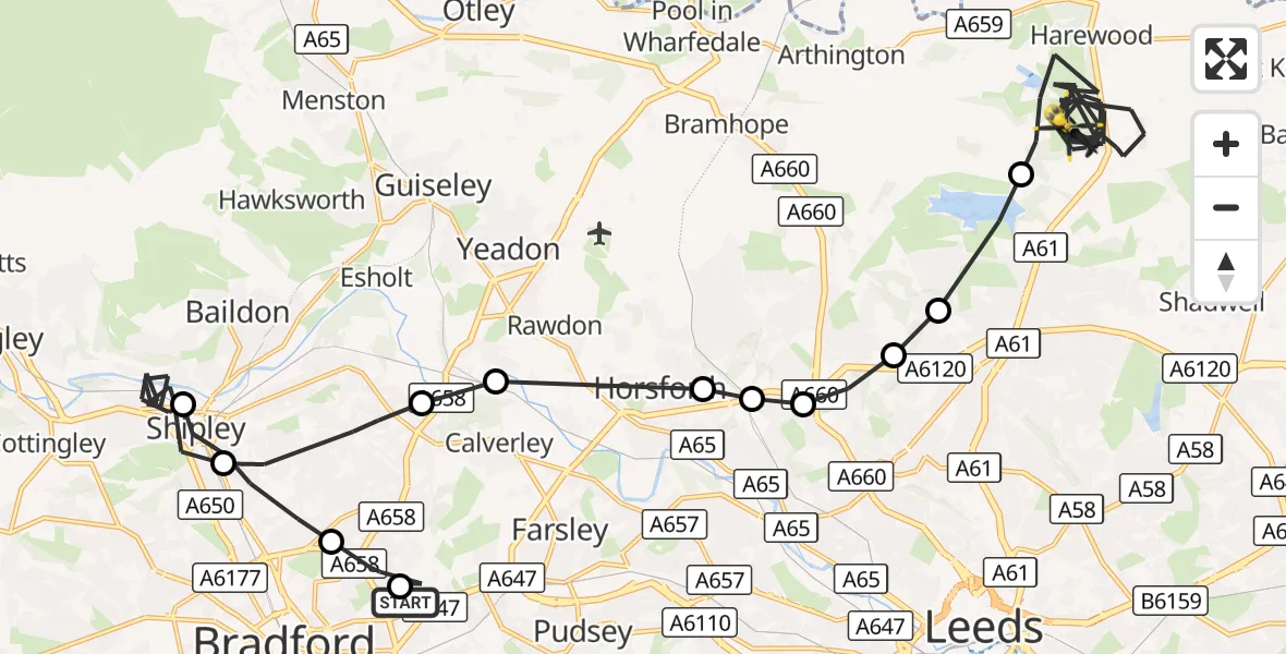 Flight route Police Helicopter Bradford Moor - Harewood, 08 October 2026, 18:23