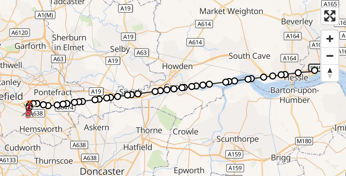 Flight route Air Ambulance Helicopter Hull Royal Infirmary - YAA Nostell Helicopter Port, 08 October 2026, 18:25