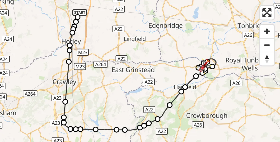Flight route Air Ambulance Helicopter Redhill Aerodrome - Speldhurst, 08 October 2026, 18:31