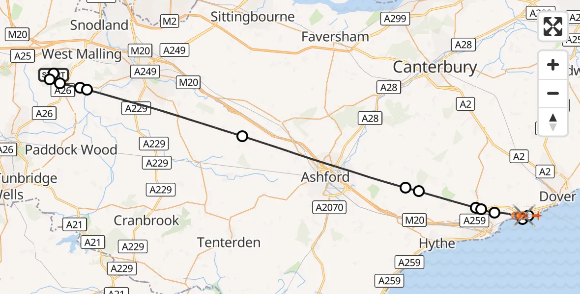 Flight route Coastguard Helicopter Mereworth - Dover, 08 October 2026, 18:37