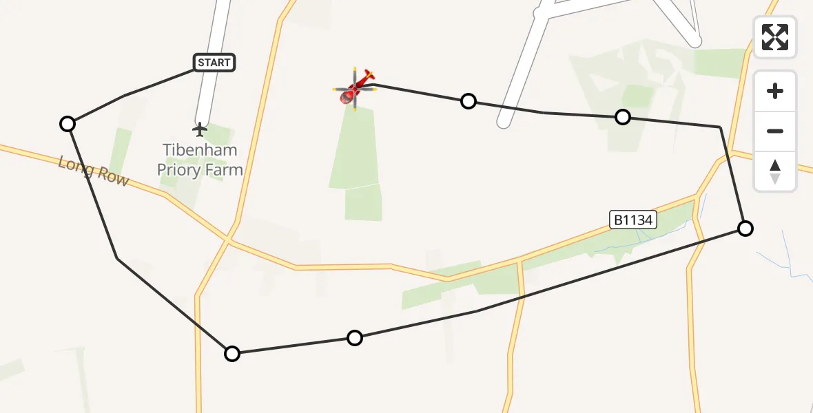 Flight route Air Ambulance Helicopter Priory Farm Airstrip - Tibenham, 08 October 2026, 18:44
