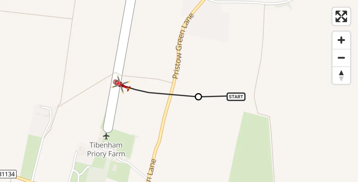 Flight route Air Ambulance Helicopter Tibenham - Priory Farm Airstrip, 08 October 2026, 18:54