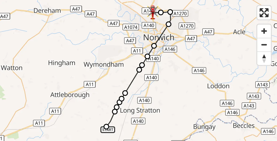 Flight route Air Ambulance Helicopter Priory Farm Airstrip - Norwich Airport, 08 October 2026, 18:58