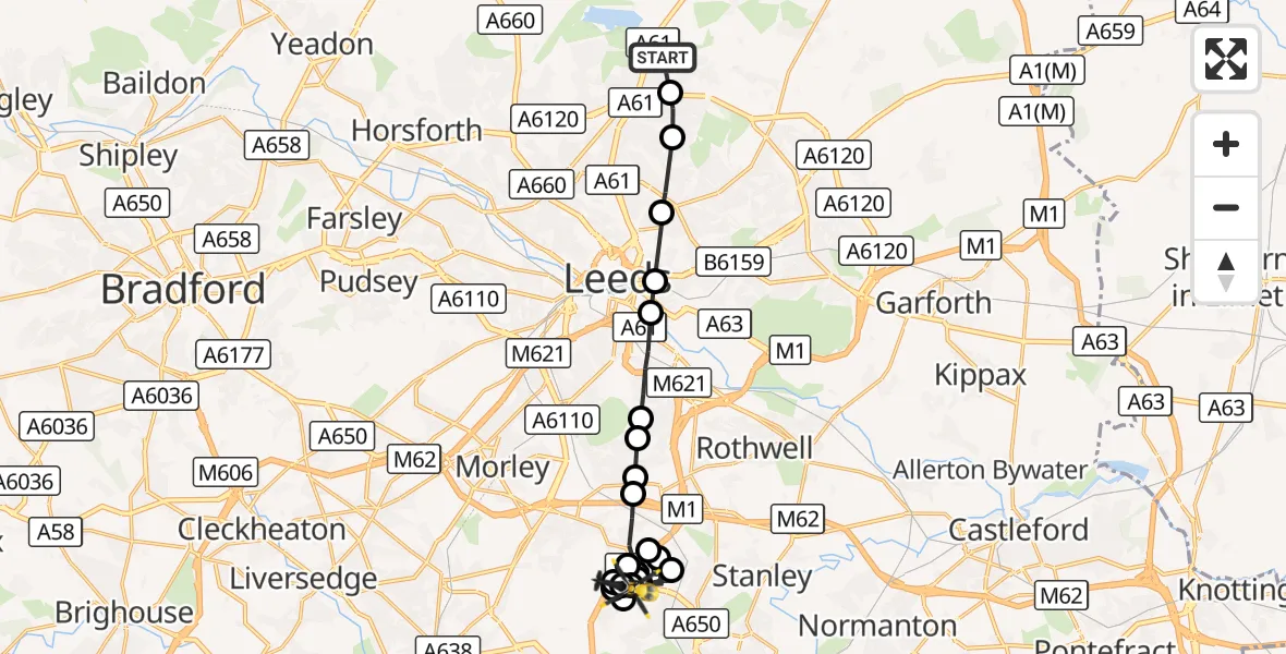 Flight route Police Helicopter Harewood - East Ardsley, 08 October 2026, 19:05