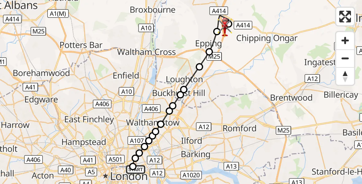Flight route Air Ambulance Helicopter Royal London Hospital - North Weald Airfield, 08 October 2026, 19:06