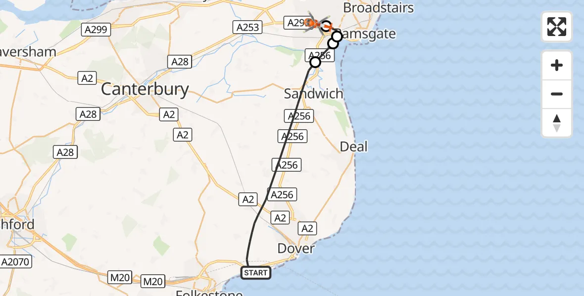Flight route Coastguard Helicopter Dover - Manston Airport, 08 October 2026, 19:11