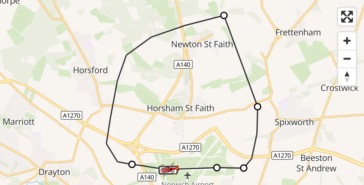 Flight route Air Ambulance Helicopter Norwich Airport - Norwich Airport, 08 October 2026, 19:13