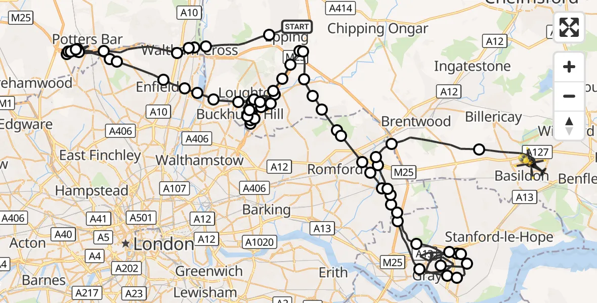 Flight route Police Helicopter Epping - Basildon, 08 October 2026, 19:17