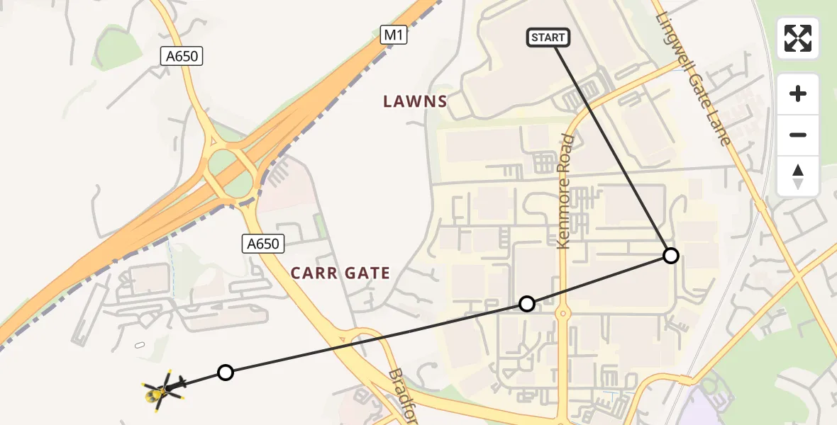 Flight route Police Helicopter Lofthouse Gate - East Ardsley, 08 October 2026, 19:22