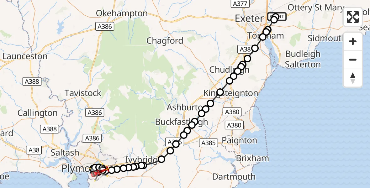 Flight route Air Ambulance Helicopter Exeter International Airport - Elburton Village, 08 October 2026, 19:28