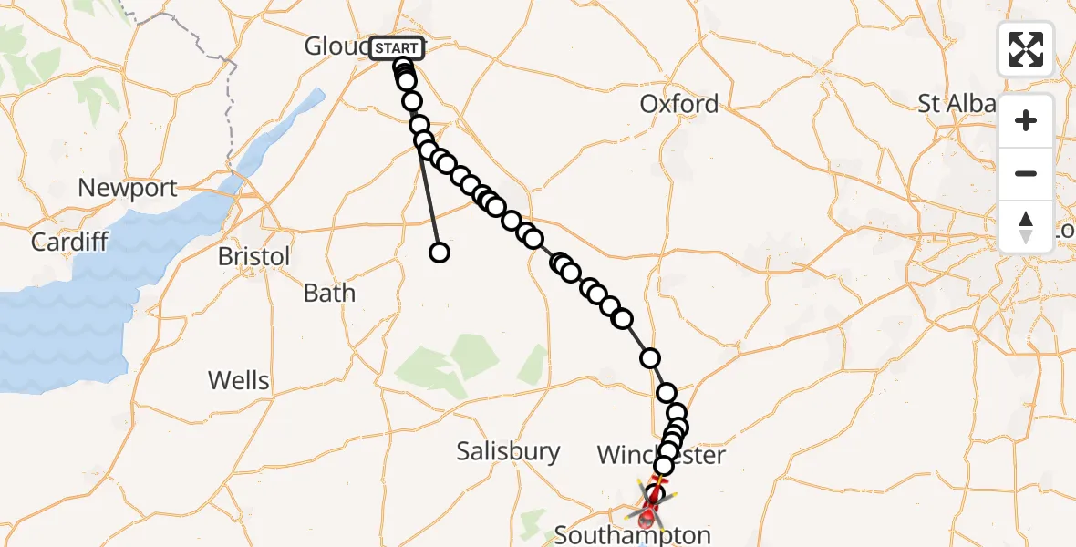 Flight route Air Ambulance Helicopter Tewkesbury - Eastleigh, 08 October 2026, 19:33
