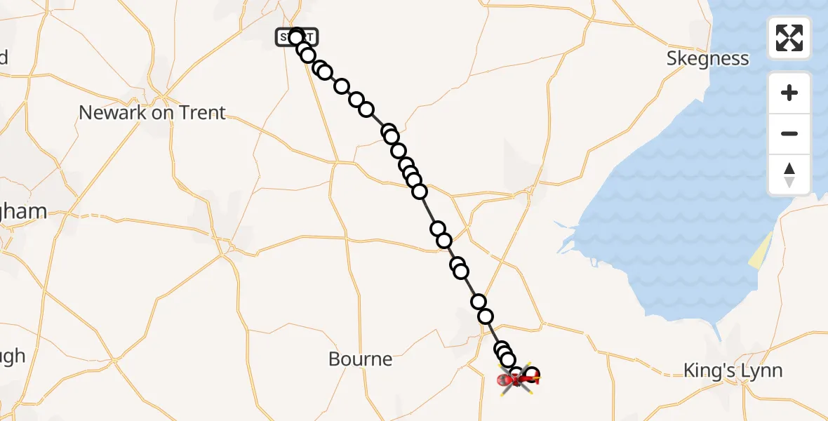 Flight route Air Ambulance Helicopter RAF Waddington - South Holland, 08 October 2026, 19:34