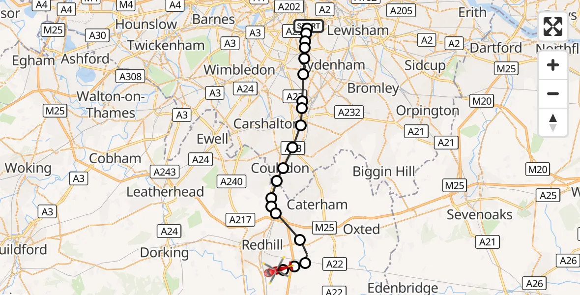 Flight route Air Ambulance Helicopter Kings College London Hospital - Redhill Aerodrome, 08 October 2026, 19:42