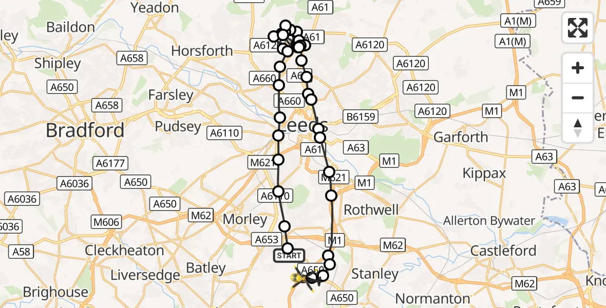 Flight route Police Helicopter East Ardsley - East Ardsley, 08 October 2026, 19:51