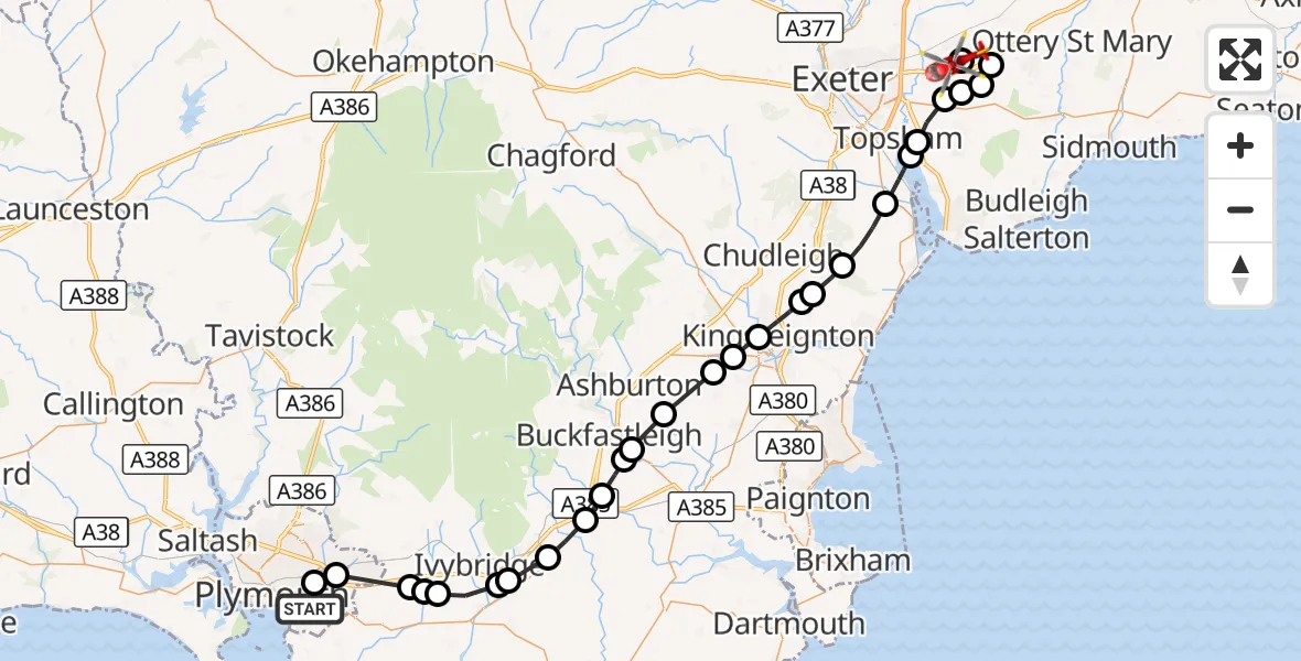 Flight route Air Ambulance Helicopter Oreston - Exeter International Airport, 08 October 2026, 19:57