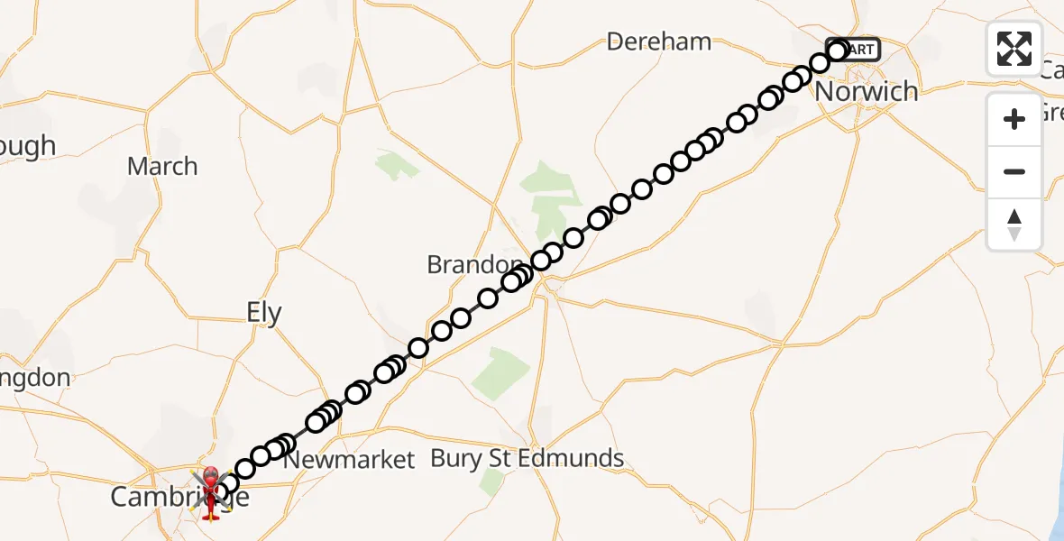 Flight route Air Ambulance Helicopter Norwich Airport - Cambridge City Airport, 08 October 2026, 20:00