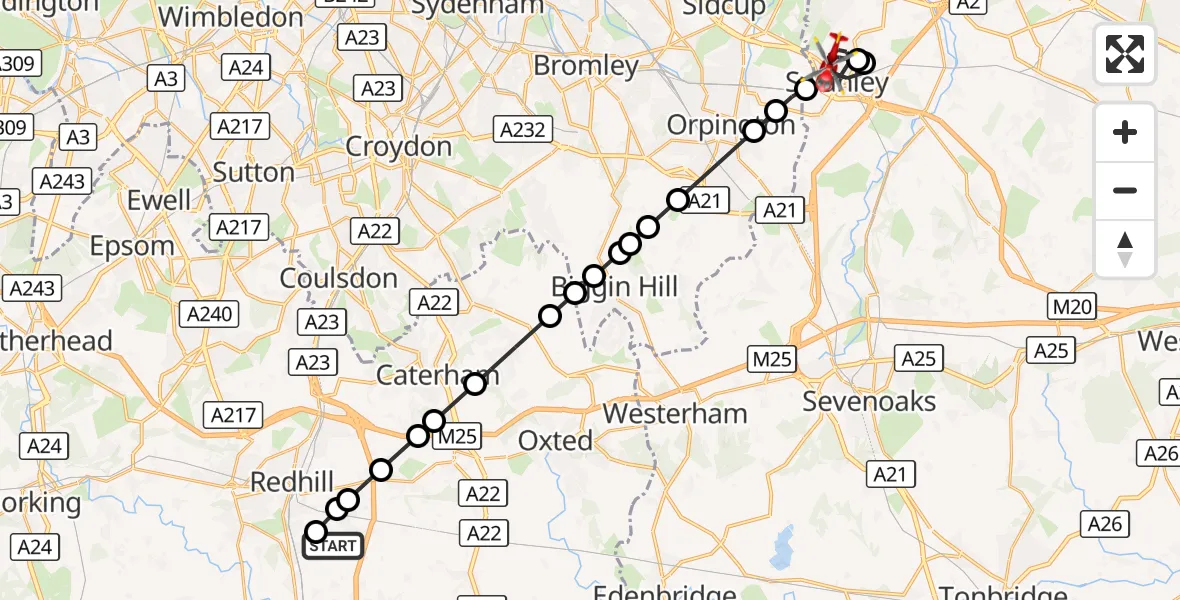 Flight route Air Ambulance Helicopter Redhill Aerodrome - Swanley, 08 October 2026, 20:08