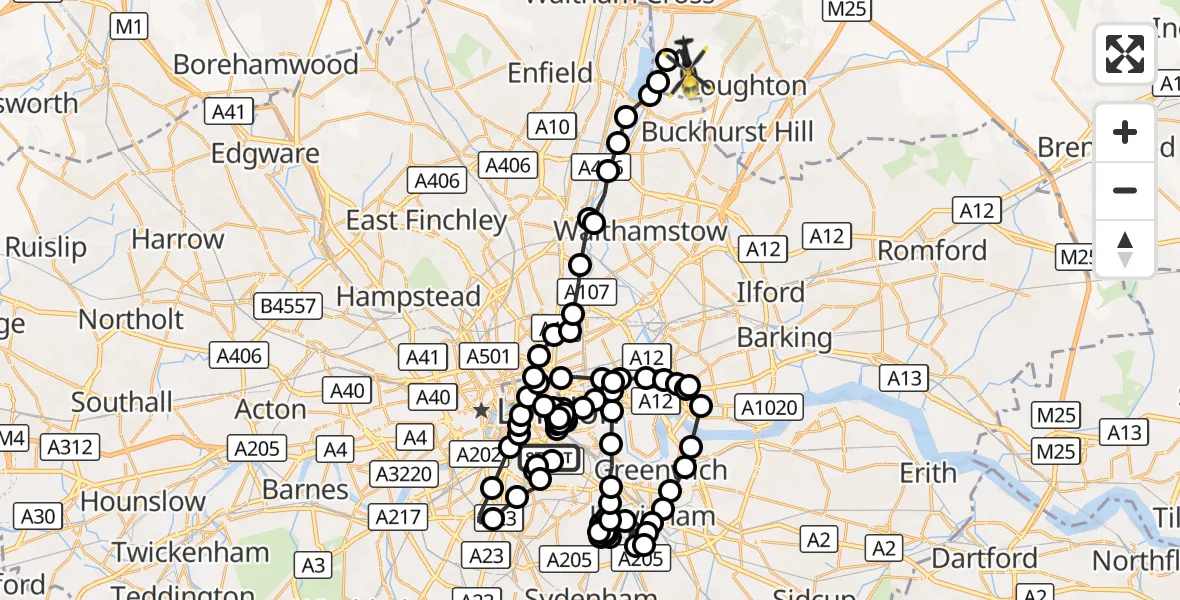 Flight route Police Helicopter Old Kent Road - Epping Forest, 08 October 2026, 20:17