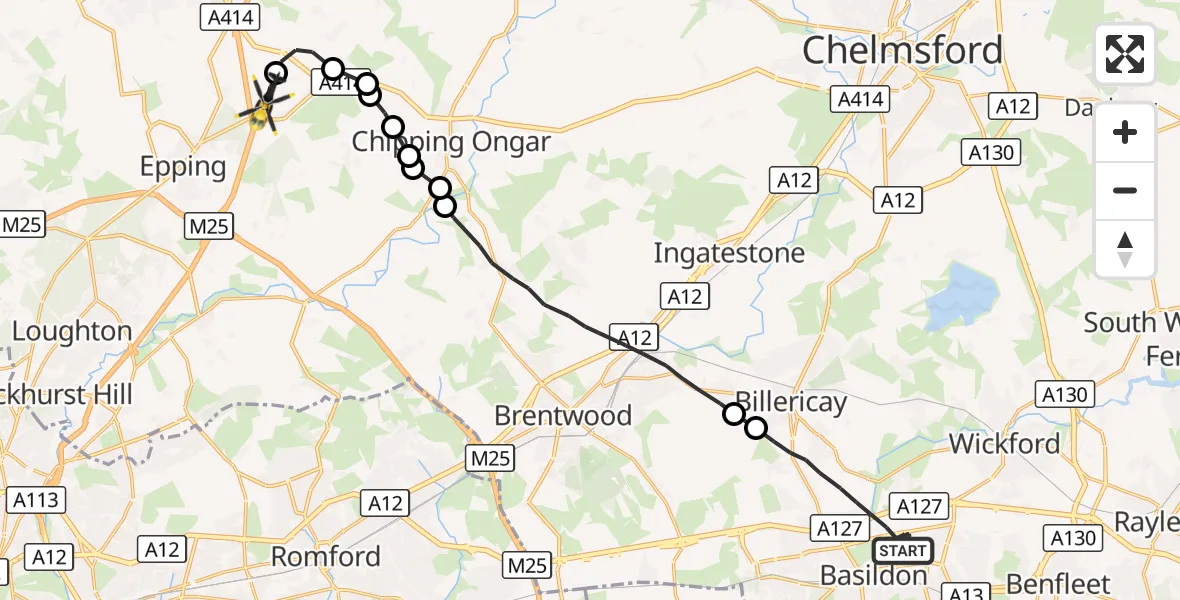 Flight route Police Helicopter Basildon - North Weald Airfield, 08 October 2026, 20:35
