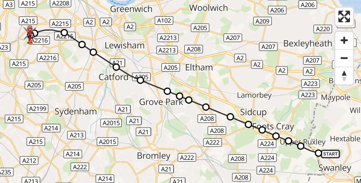 Flight route Air Ambulance Helicopter Swanley - Kings College London Hospital, 08 October 2026, 20:54
